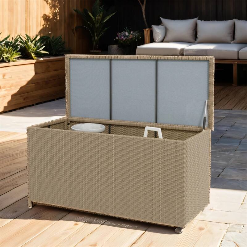 83 Gallon Wicker Outdoor Deck Box on Wheels for Garden Tools