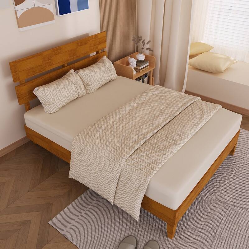 Modern Brown Solid Wood Platform Bed Frame with Headboard