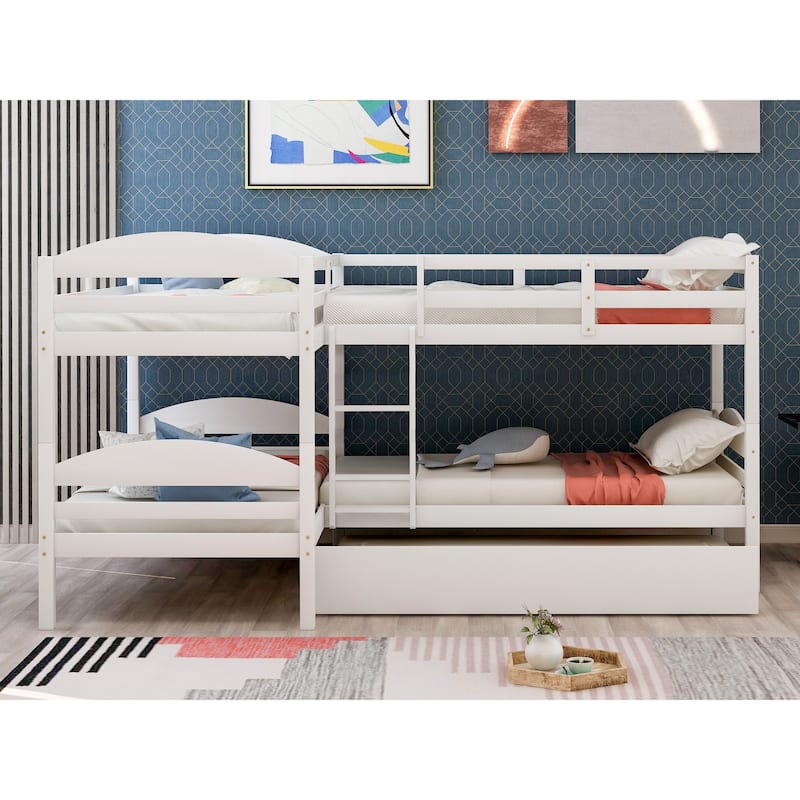 White Twin L-Shaped Bunk Bed with Trundle, No Box Spring Required, Assembly Needed