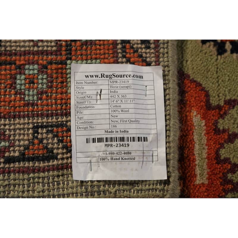 Light Green Heriz Serapi Indian Large Rug Handmade Wool Carpet - 11'11"x 14'6"