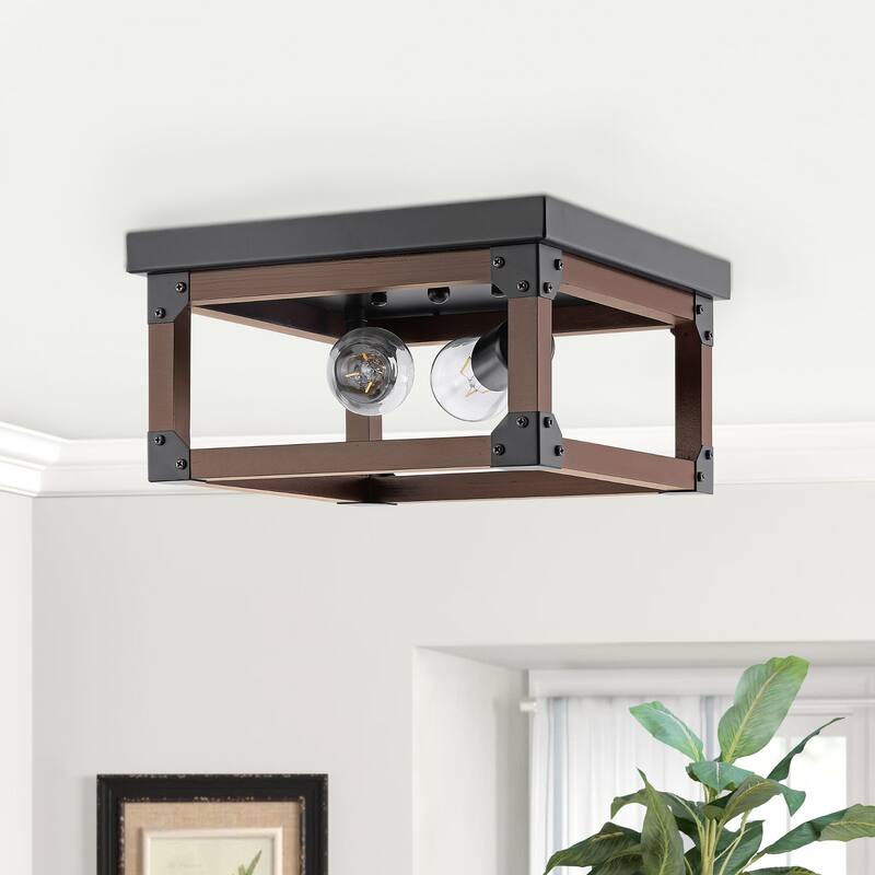 GetLedel 2-light Industrial Square Wood Flush Mount Ceiling Light
