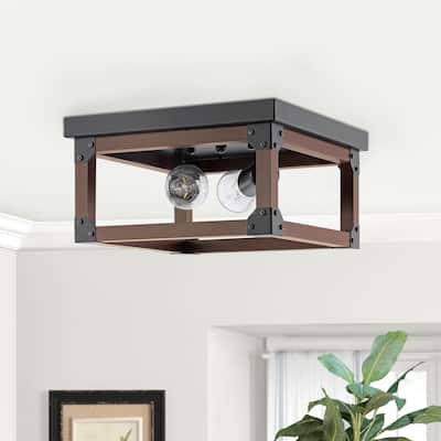 GetLedel 2-light Industrial Square Wood Flush Mount Ceiling Light