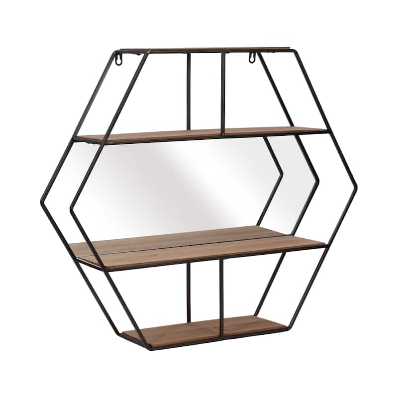 Metal 24" Hexagon Wall Shelf with Mirror, Brown 23.6"H - 26.8" x 5.9" x 23.6" - 27" x 6" x 24"
