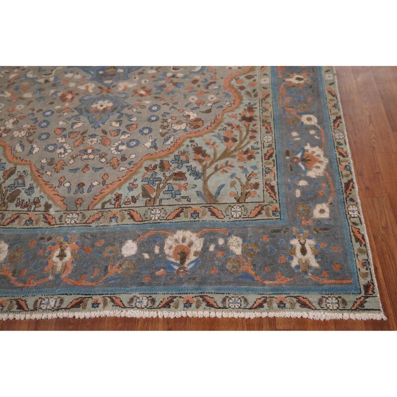 Distressed Tabriz Persian Vintage Area Rug Handmade Grey Wool Carpet - 6'8" x 9'8"