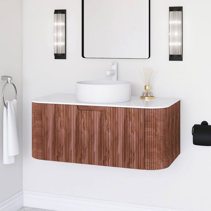 Plywood Wall-Mounted Bathroom Vanity Set with Integrated Ceramic Sink in Natural Wood