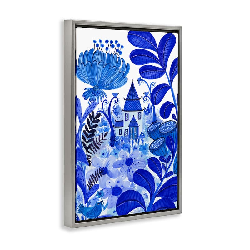 Stupell Whimsical Blue Folk Garden Framed Floater Canvas Wall Art Design By Kay Widdowson