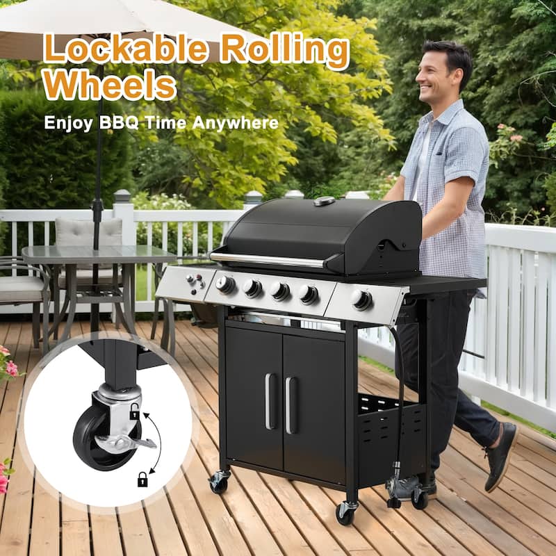 Outdoor Propane Gas Grill with Side Burner, Cast Iron Grates, Storage Cabinet, Easy Clean for Backyard & Patio