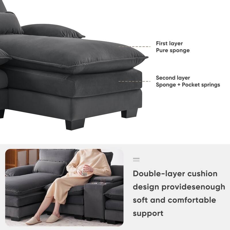 Modern U-shaped Sectional Sofa with Console, Cupholders and USB Ports, 6-Seat Upholstered Sofa Couch with Chaise for Living Room