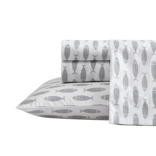 slide 2 of 11, Nautica Cotton Percale Deep Pocket Bed Sheet Sets Queen - Woodblock Fish Grey