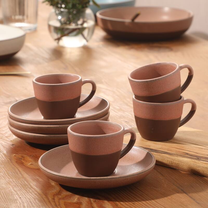 Gibson Elite William Crest 8 Piece Cup & Saucer -3.5oz Espresso Cups, 5.5" Saucers Reactive Stoneware Set