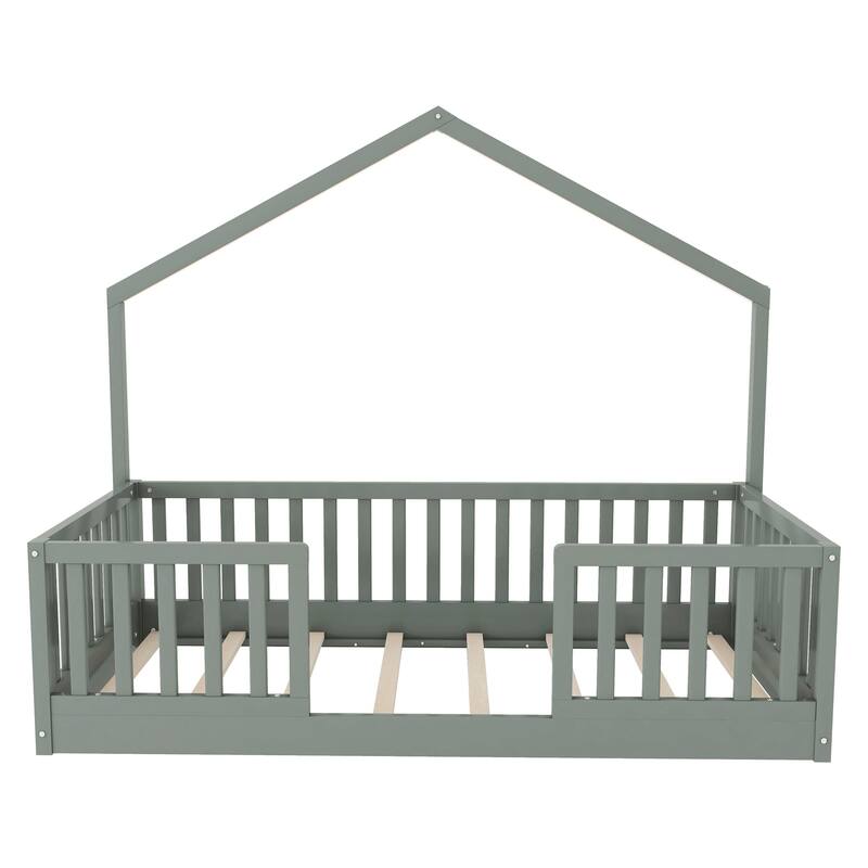 Wooden Floor Bed House-shaped Frame, Montessori Floor Bed with Light and High Rails, Wood Slat Support Floor Daybed