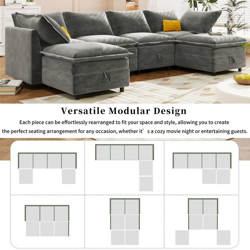 126" 6-Piece Modular Sofa Bed with Storage and Double-Layer Cushions