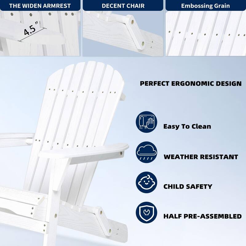 Foldable Wood Patio Adirondack Chair, Classic Outdoor Chair with Pre-Assembled Backrest, Easy Assembly