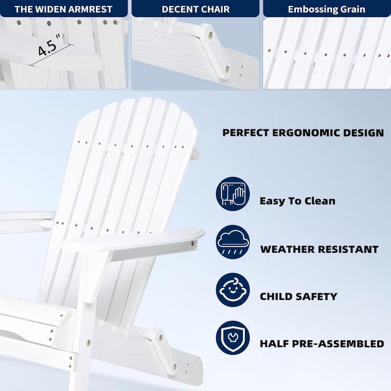 Set of 2 White Solid Wood Adirondack Chairs Embossed Grain Outdoor Patio Chairs for Garden Deck and Backyard - 19.5" x 31" x 36"