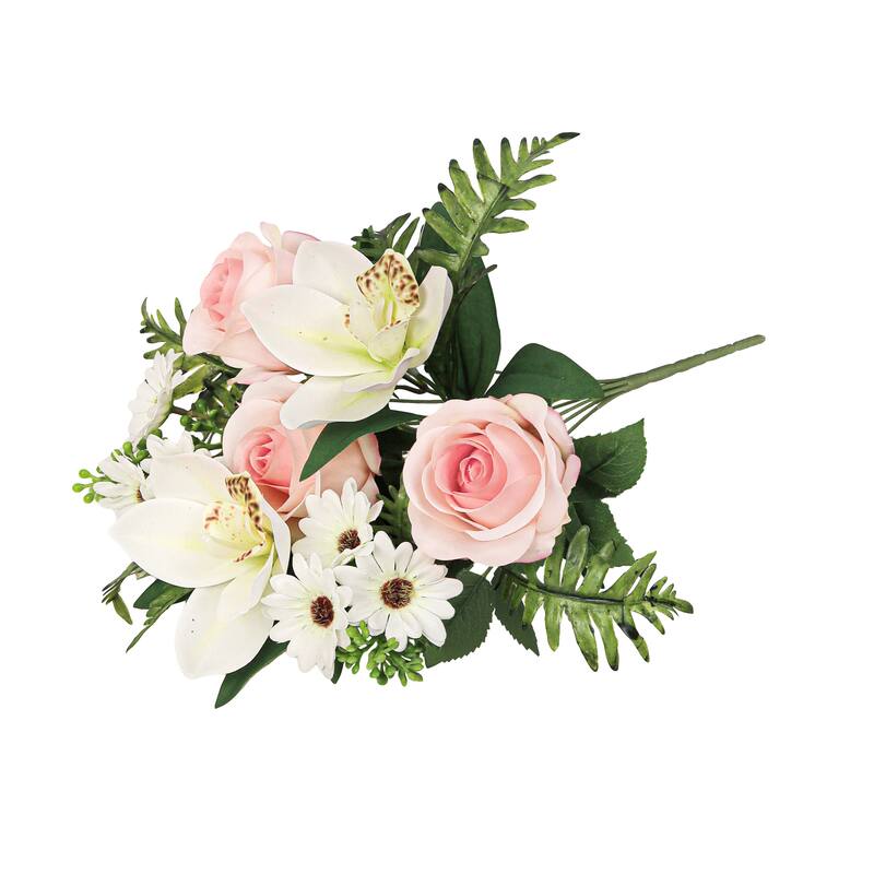 Set of 2 Cream Blush Artificial Mixed Rose Cymbidium Ochid Daisy Flower Stem Bush Bouquet 16in - 16" L x 9" W x 9" DP
