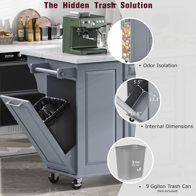 50.7" Kitchen Island with Storage Tilt Trash Can Cabinet and Pull Out Cabinet Organizer, Rolling Kitchen Island on 5 Wheels