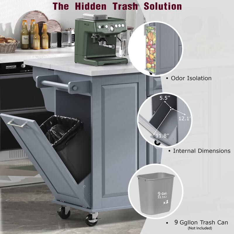 50.7" Rolling Kitchen Island with Tilt Trash Cabinet, Drop Leaf, Pull-Out Organizer, 2 Drawers and 1 Door