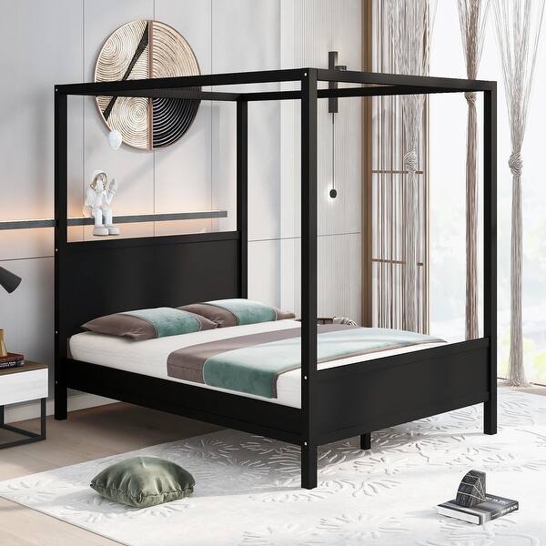 slide 2 of 9, Queen Size Wooden Canopy Platform Bed with Headboard and Footboard Underbed Storage ,Slat Support Leg Brown