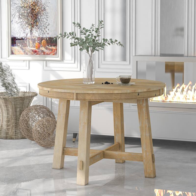 Farmhouse Round Extendable Dining Table with 16" Leaf - Elegant Wood Kitchen Table