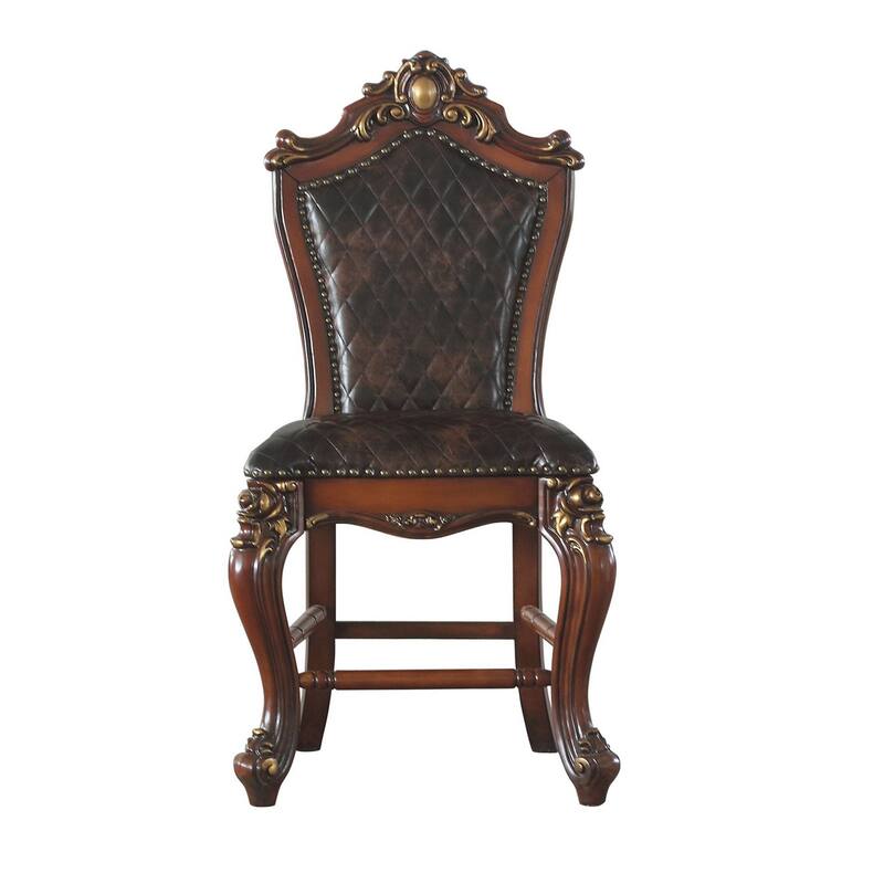 Leatherette Padded Counter Height Chair with Carvings, Set of 2, Brown