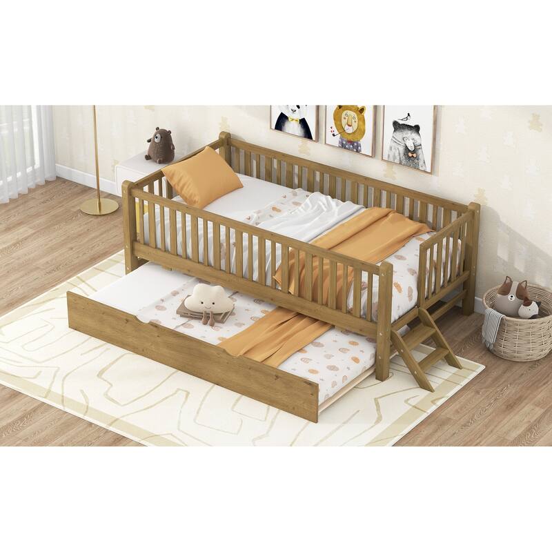 GDFStudio - Wood Twin Platform Bed with Guardrail, Trundle and Storage, Walnut