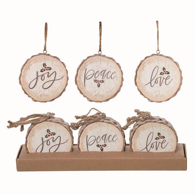 Transpac Wood 3.25 in. Multicolor Christmas Joy Peace Love Ornaments In PDQ Set of 12