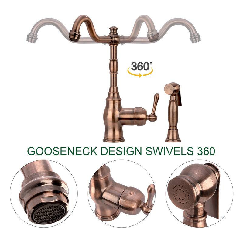 One-Handle Copper Widespread Kitchen Faucet with Side Sprayer