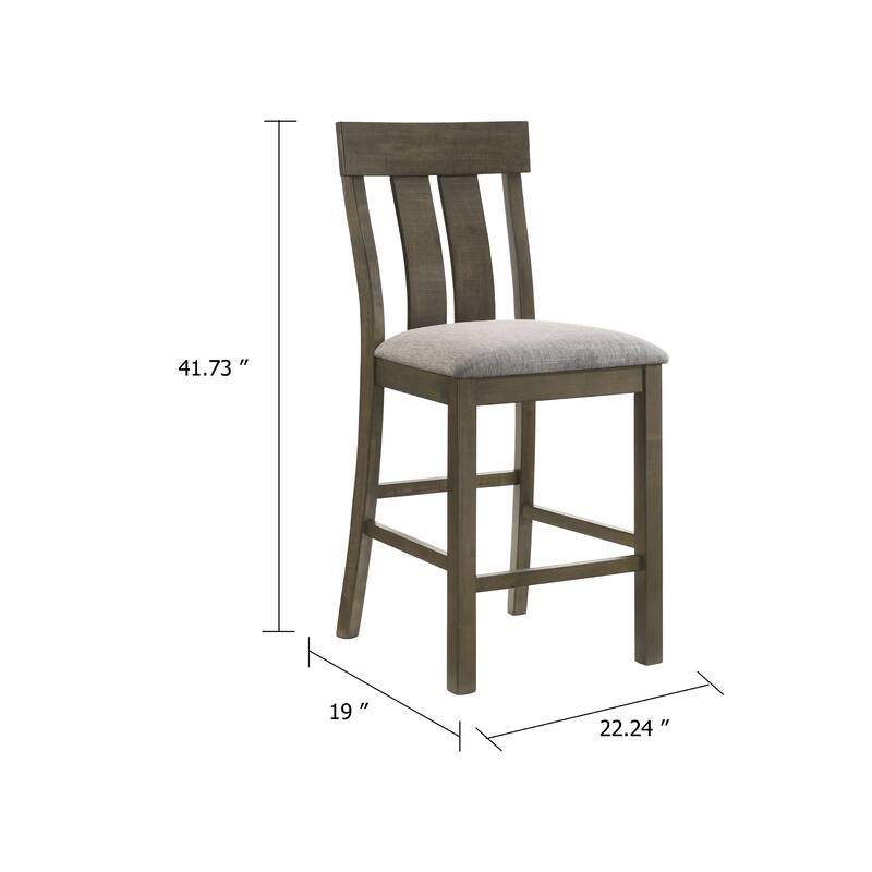 Counter Height Dining Chair Set of 2, Brown Slatted Back, Gray Fabric