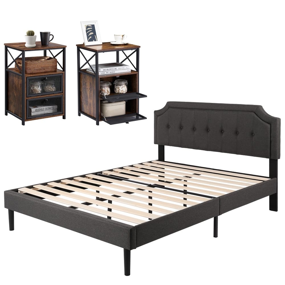 VECELO 3-pieces Height Adjustable Tufted Upholstered Bed Frame and Modern Nightstand Sets