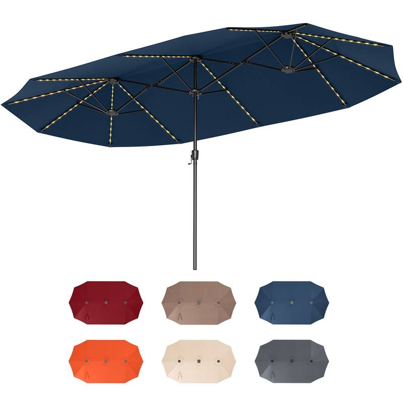 Costway 15.5 FT Extra-Large Patio Umbrella with LED Solar Lights & 12 - See Details - Navy