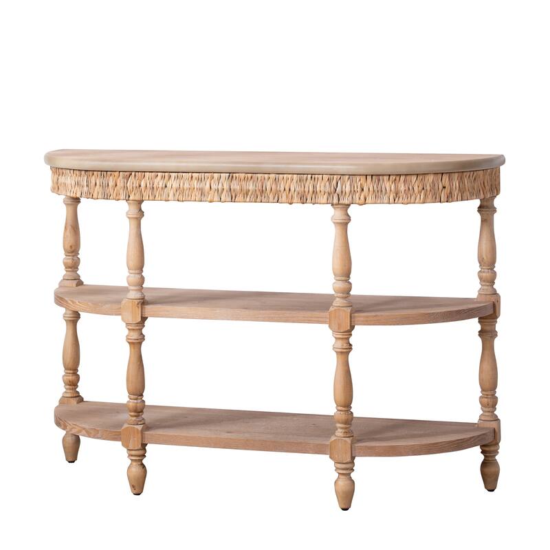 49" Wood Console Table with Hand-Woven Trim, 3-Tier Storage Shelves, with Carved Legs, Rustic Coastal Farmhouse Accent Table