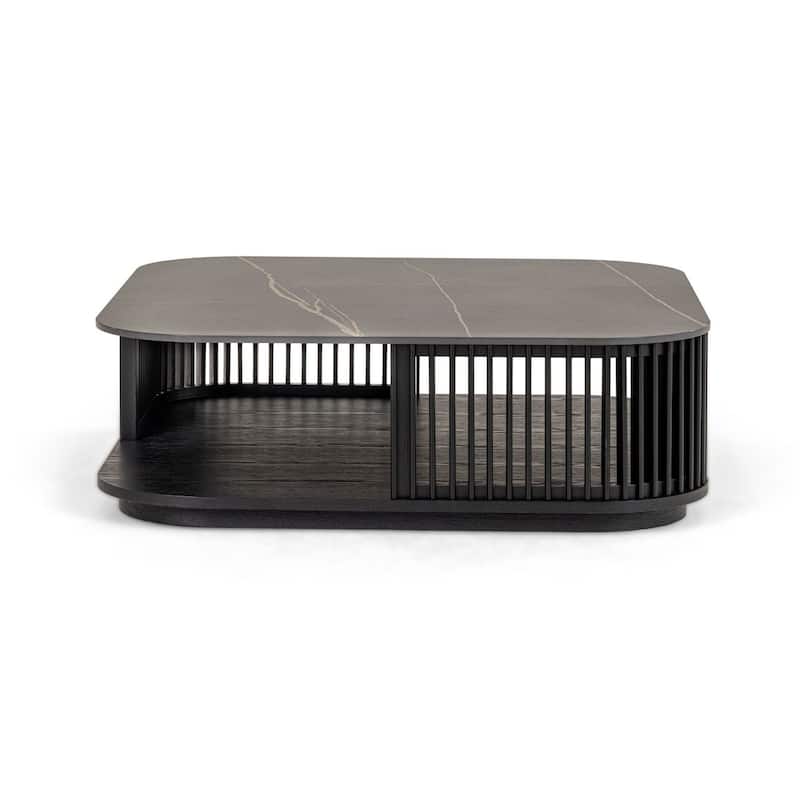 Cid Cia Coffee Table, 39 Inch Black Ceramic, Solid Wood Frame