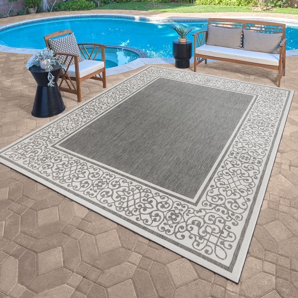 slide 2 of 9, Gertmenian Paseo Tedo Ash Grey Transitional Scroll Boarder Indoor/ Outdoor Area Rug