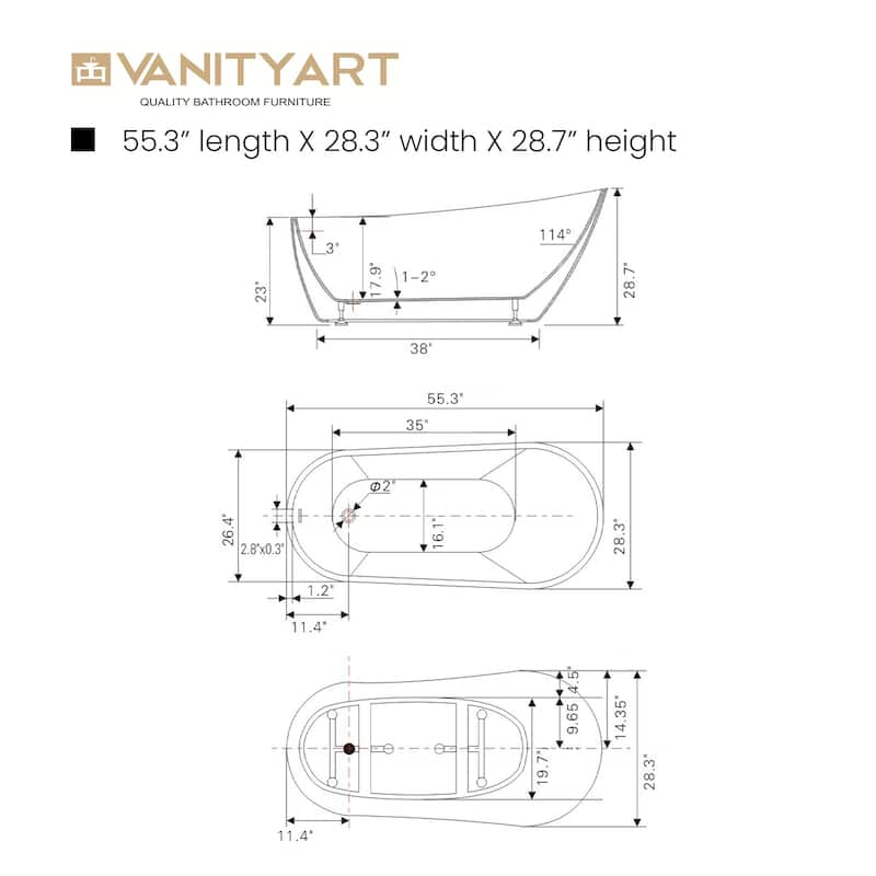 Vanity Art 55" Acrylic Freestanding Soaking Bathtub