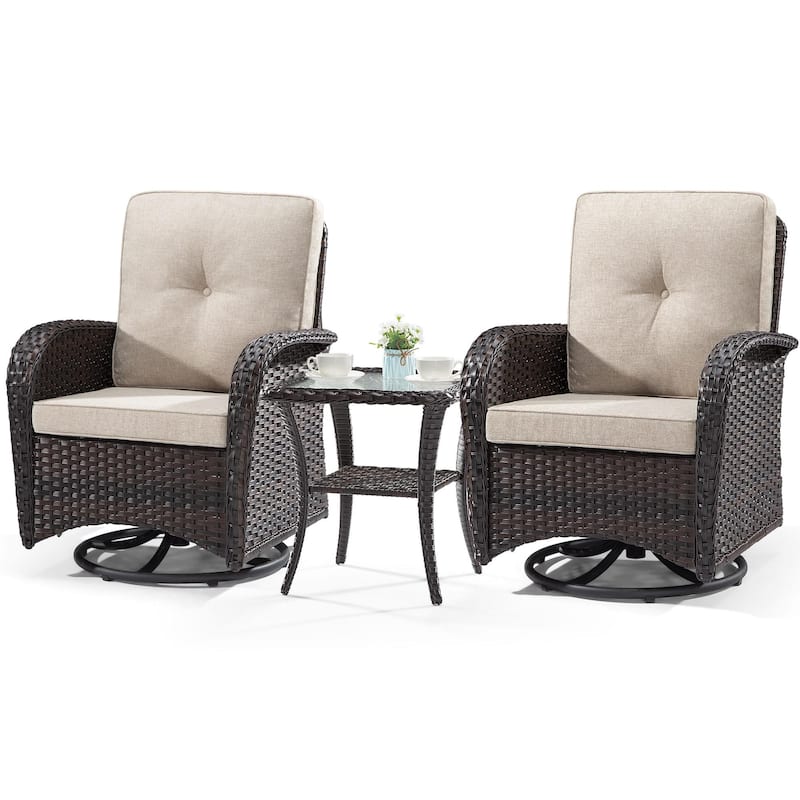 Cozywor 3-Piece Wicker Patio Swivel Outdoor Rocking Chair Conversation Set