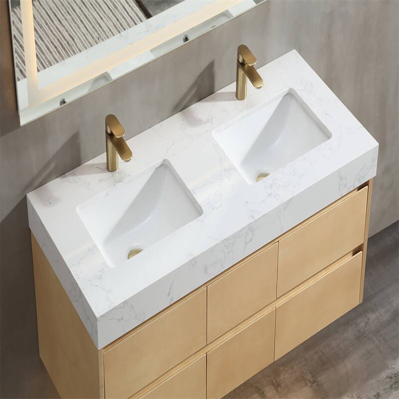48 in./ 60 in. Solid Wood Wall-Mounted Bathroom Vanity Set in Maple with Engineered Stone Top and Ceramic Sink