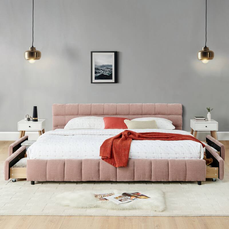 Block Thick Chenille Low Profile Platform Bed Fabric Upholstered Bedframe with Headboard Solid Wood Frame - Optional Storage Bed