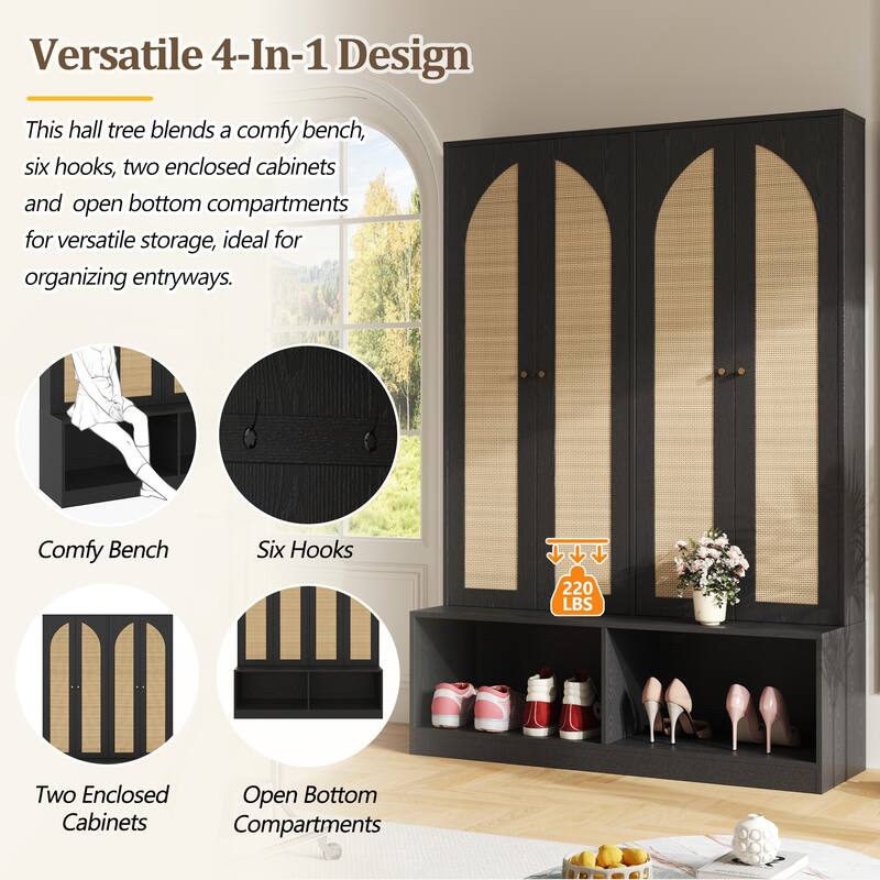 4-In-1 Farmhouse Widen Hall Tree with 4 Rattan Doors