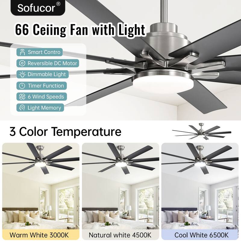 52 Inch/66 Inch/72 Inch Modern Ceiling Fan with Dimmable LED Light ,Remote&APP Control,8 Blades for Large Living Room,Porch