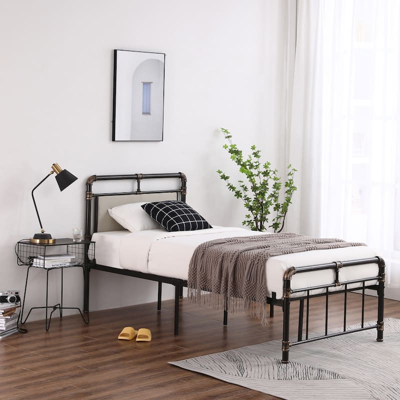 Single-Layer Bed Head and Soft Pull Buckle Bed End Standpipe Water Pipe Bed Black Gold-Painted Iron Bed - Twin