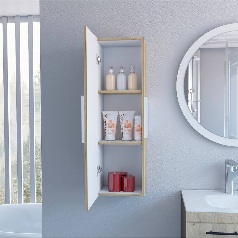Light Oak Medicine Cabinet - 38.46" H, 3 Interior Shelves, Single Door, Wall-Mounted Storage, Modern Design - 12.56X10.43 in