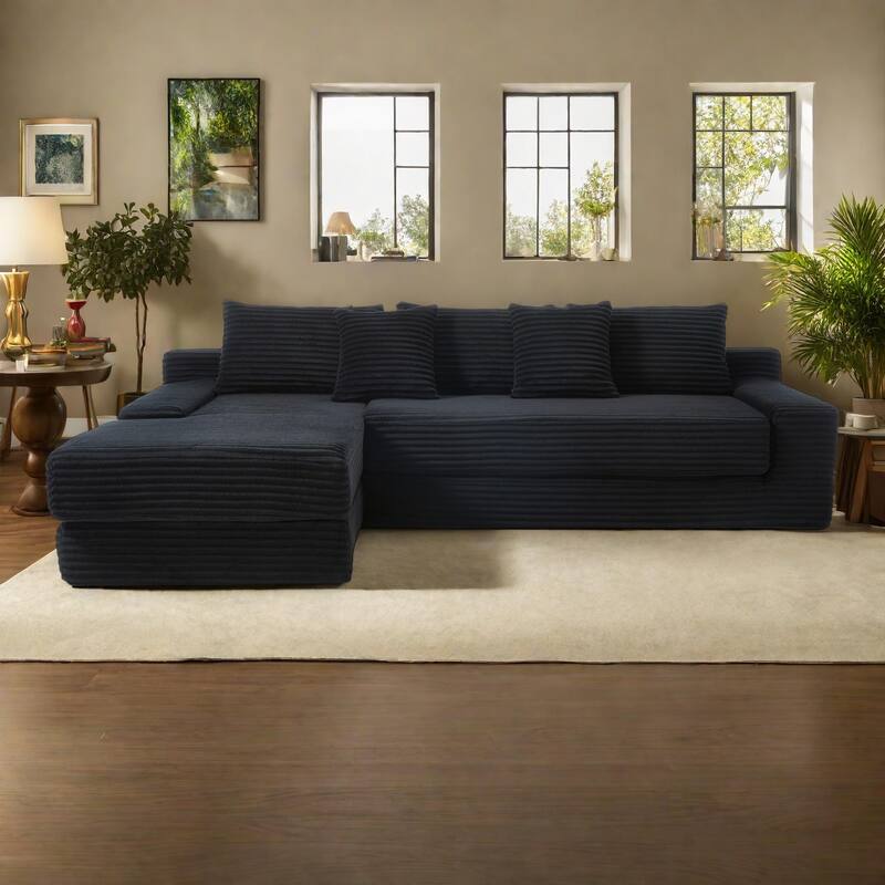 L-Shaped Light Corduroy Sectional Couch with Memory Foam, Steel Frame, and No Assembly Required, Convertible Sofa Bed - Black