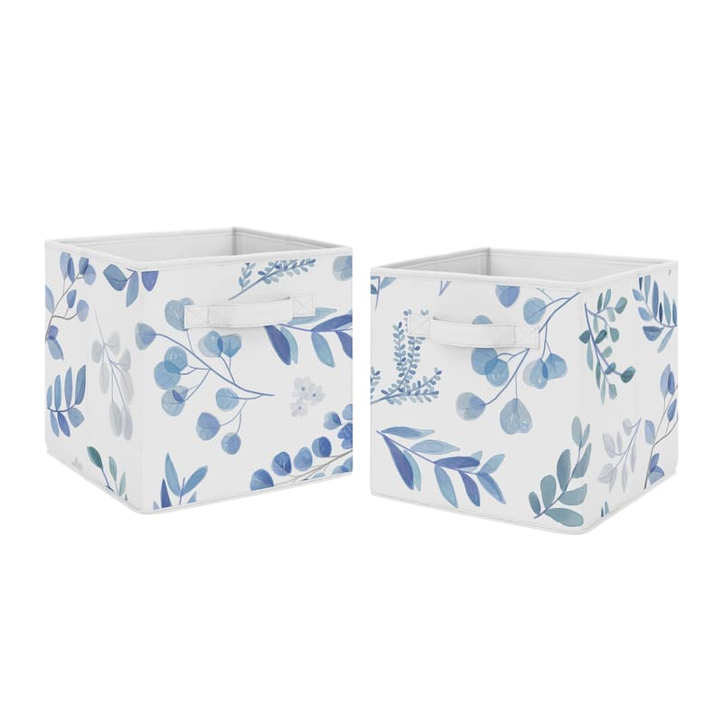 Floral Leaf Collection Foldable Fabric Storage Bins - Blue Grey White Boho Watercolor Botanical Flower Woodland Tropical Garden
