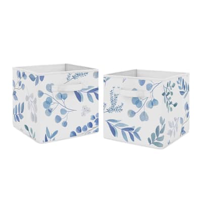 Floral Leaf Collection Foldable Fabric Storage Bins - Blue Grey White Boho Watercolor Botanical Flower Woodland Tropical Garden