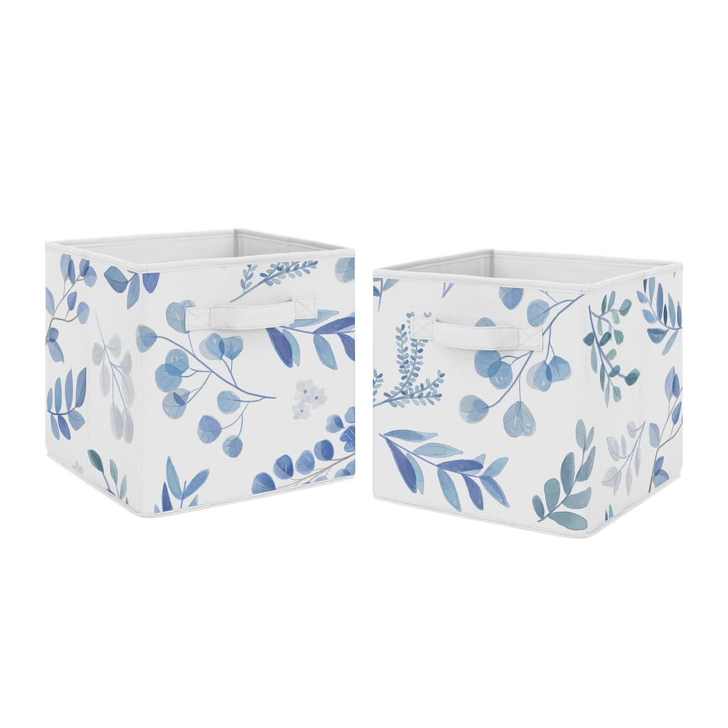 Floral Leaf Collection Foldable Fabric Storage Bins - Blue Grey White Boho Watercolor Botanical Flower Woodland Tropical Garden