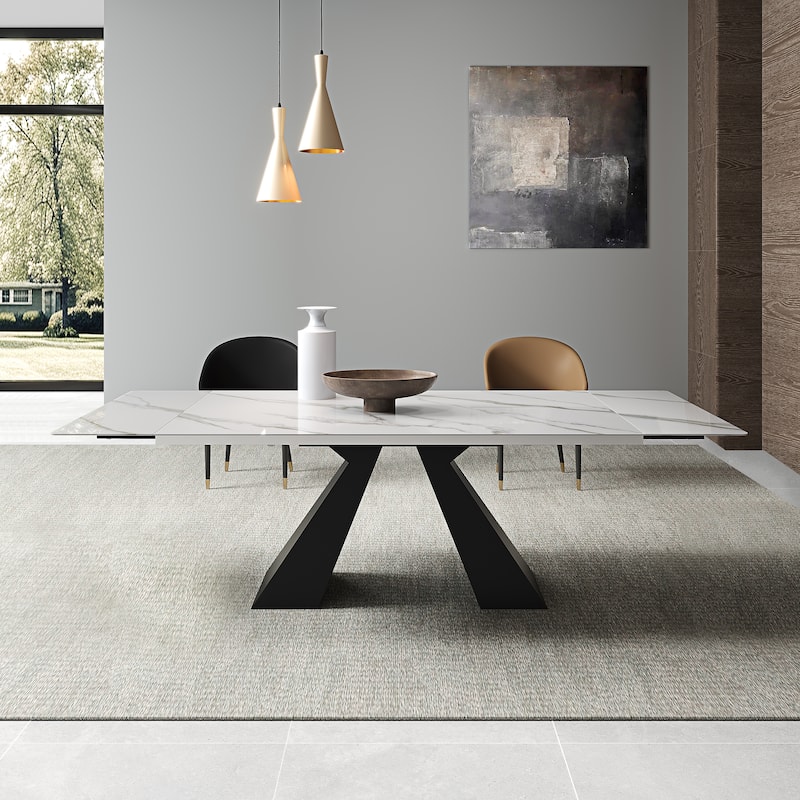 63'' to 94.5” Extendable Dining Table For 8-10 with Sintered Stone Table top and Metal Base - 94.48" - Snow Mountain White