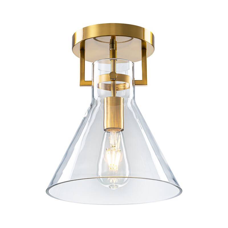 9.8" 1-Light Mid-Century Modern Brushed Brass Semi-Flush Mount Ceiling Light with Clear Cone Glass Shade for Hallway or Bedroom