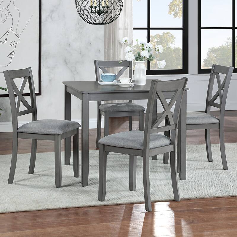 5 Piece Dining Table Set, Solid Wood Kitchen Table Set, Dining Room Furniture Set with Square Table & 4 Upholstered Chairs - Grey