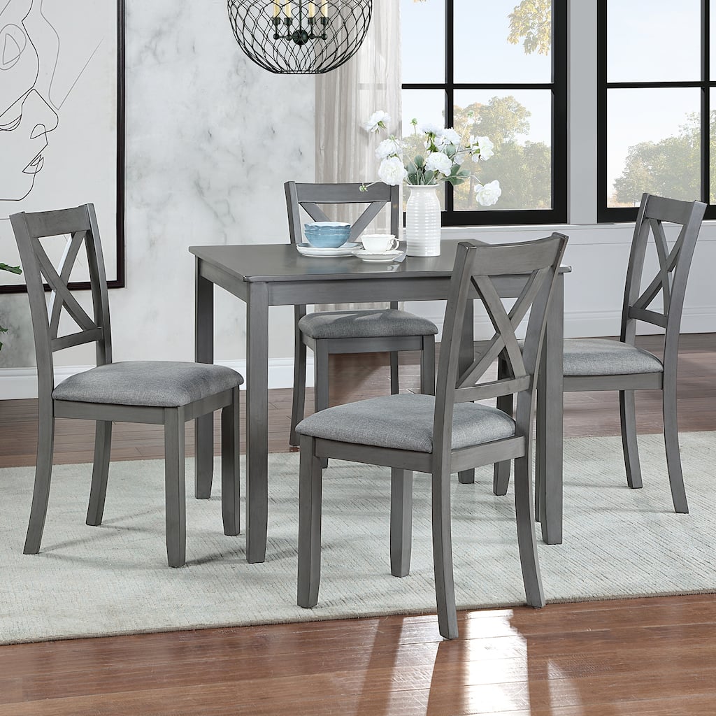 5 Piece Dining Table Set, Solid Wood Kitchen Table Set, Dining Room Furniture Set with Square Table & 4 Upholstered Chairs