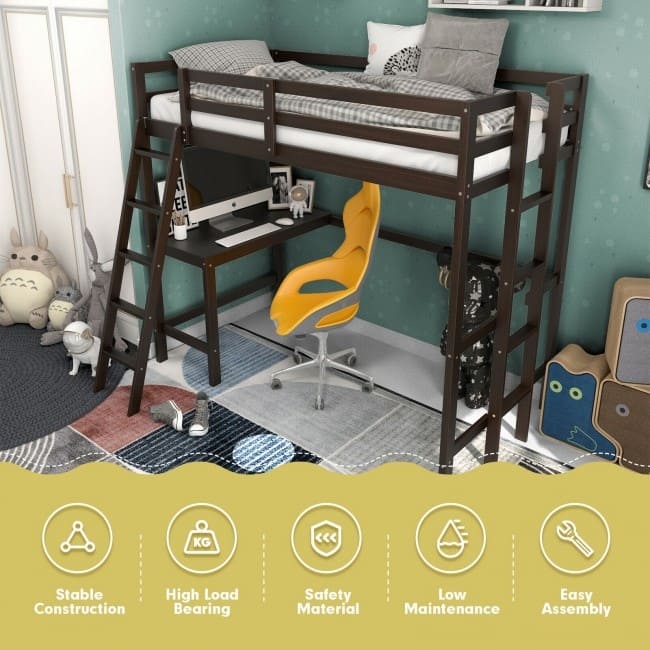Twin Size Loft Bed Frame with Desk Angled and Built-in Ladder